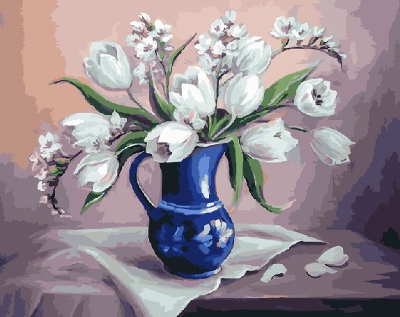 Картина по номерам 40*50 GX21878 Белые тюльпаны в синей вазе