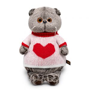 Мягкая игрушка Буди Баса Budi Basa Кот Басик в свитере с сердцем, 22 см, Ks22-249 светло-серый