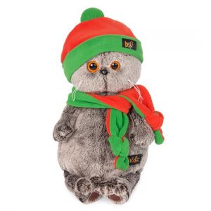Мягкая игрушка Буди Баса Budi Basa Кот Басик в оранжево-зеленой шапке и шарфике, 22 см, Ks22-087 светло-серый