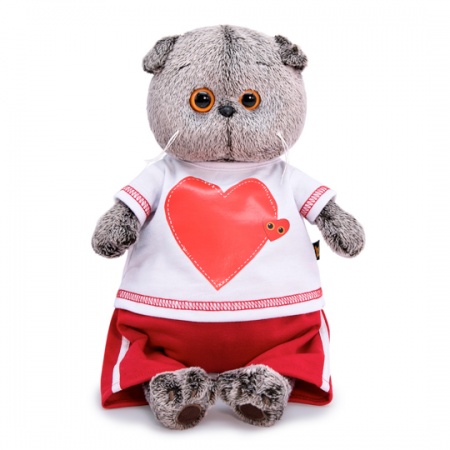 Мягкая игрушка Буди Баса Budibasa Кот Басик в футболке с сердцем, 19 см, Ks19-139 светло-серый